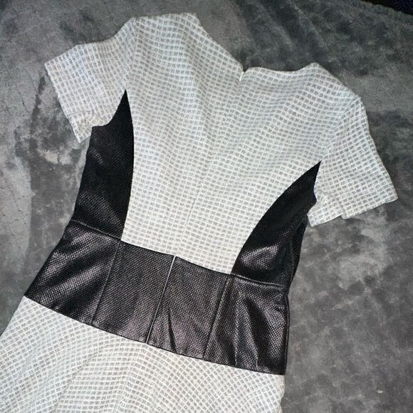 Tibi Tweed Faux Vegan Leather Asymmetrical Hem Knit Dress Fit N' Flare Size 6 - Picture 6 of 12